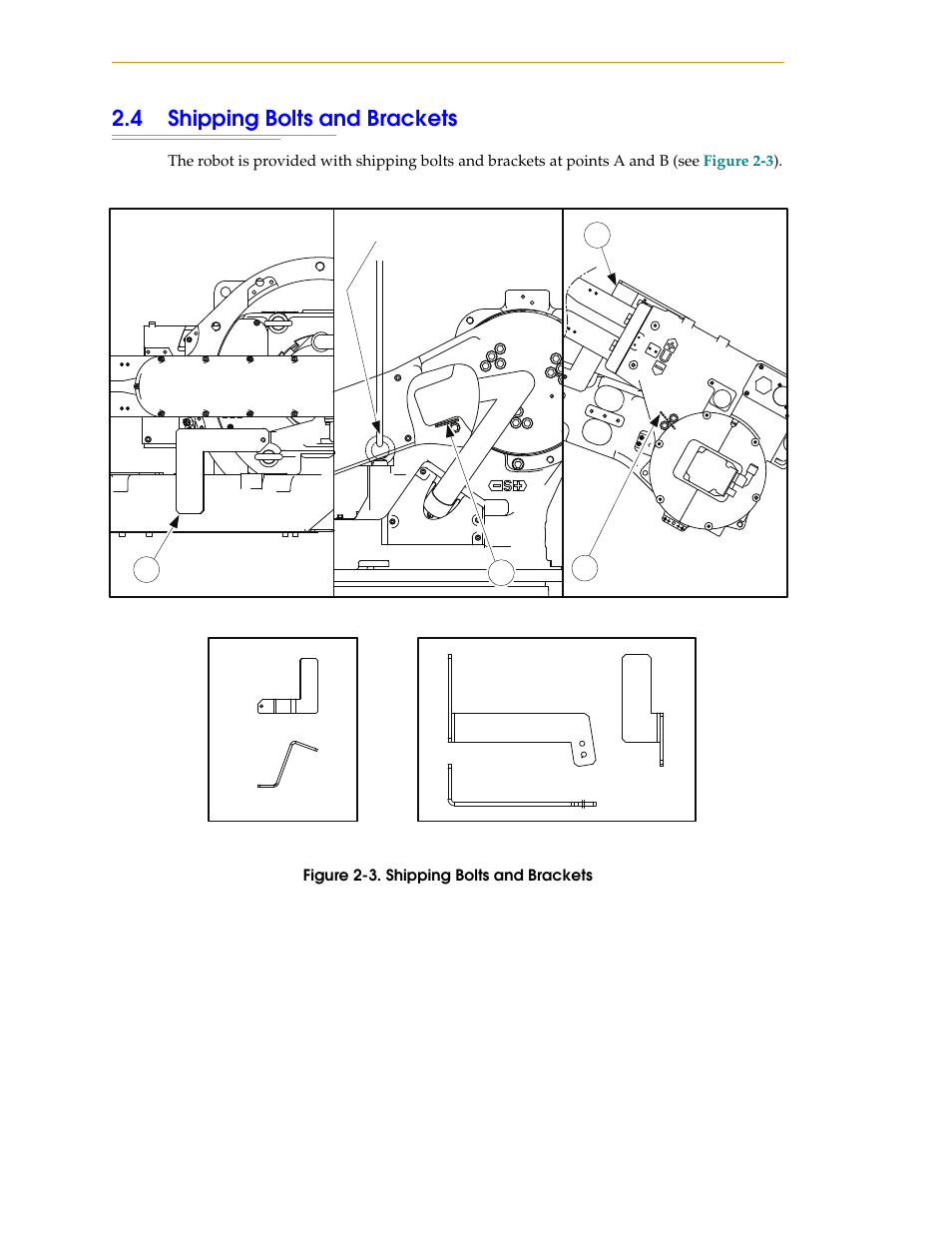 4 shipping bolts and brackets, Figure 2-3. shipping bolts and brackets | Adept s1700D Viper User Manual | Page 24 / 82