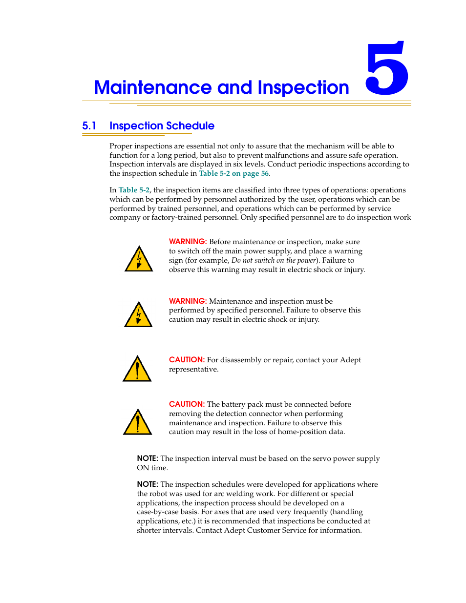 Maintenance and inspection, 1 inspection schedule | Adept s1700D Viper User Manual | Page 55 / 82