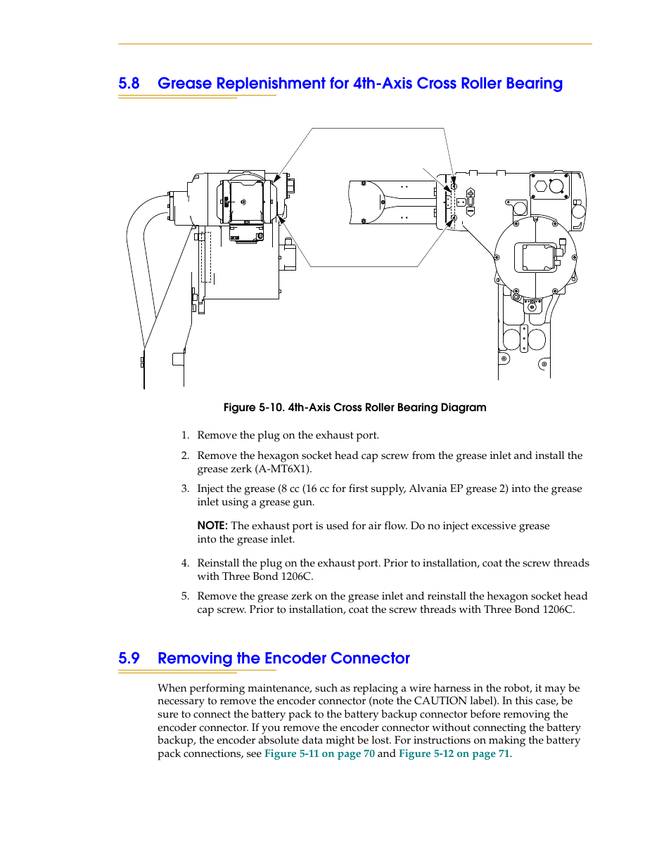 9 removing the encoder connector, Figure 5-10. 4th-axis cross roller bearing diagram, Section 5.9 on | Adept s1700D Viper User Manual | Page 69 / 82