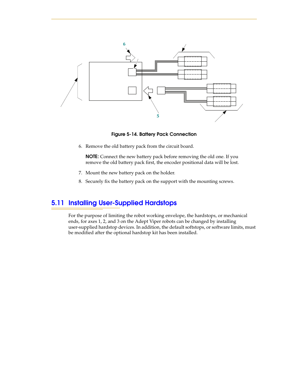 11 installing user-supplied hardstops, Figure 5-14. battery pack connection | Adept s1700D Viper User Manual | Page 73 / 82
