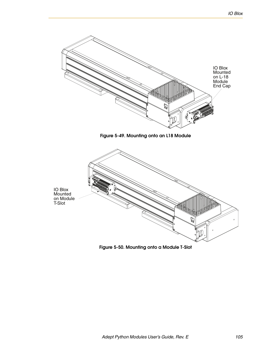 Figure 5-49. mounting onto an l18 module, Figure 5-50. mounting onto a module t-slot | Adept Python User Manual | Page 105 / 170
