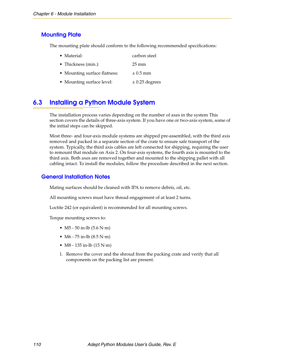 Mounting plate, 3 installing a python module system, General installation notes | Adept Python User Manual | Page 110 / 170