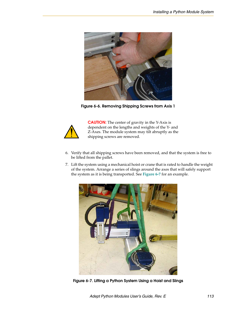 Figure 6-6. removing shipping screws from axis 1 | Adept Python User Manual | Page 113 / 170