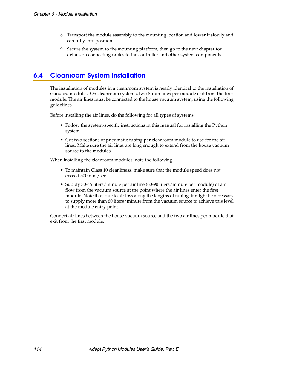 4 cleanroom system installation | Adept Python User Manual | Page 114 / 170