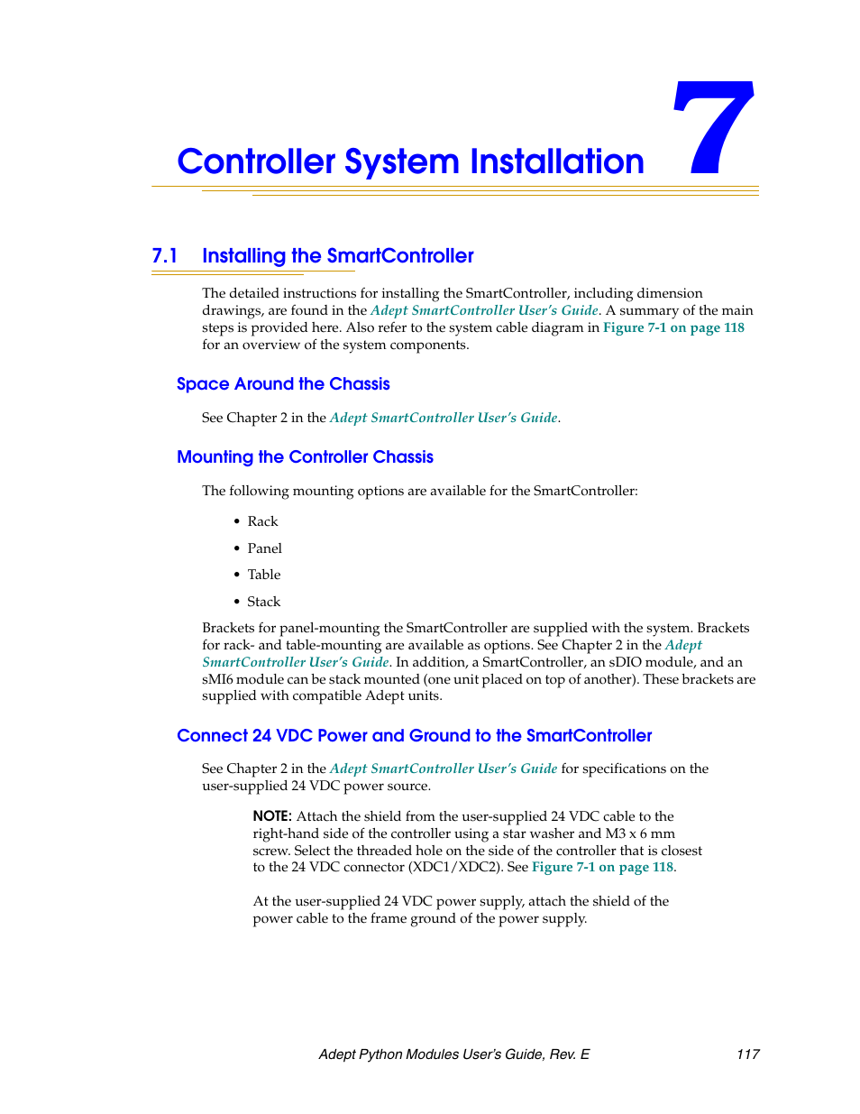 Controller system installation, 1 installing the smartcontroller, Space around the chassis | Mounting the controller chassis, Choices. see | Adept Python User Manual | Page 117 / 170