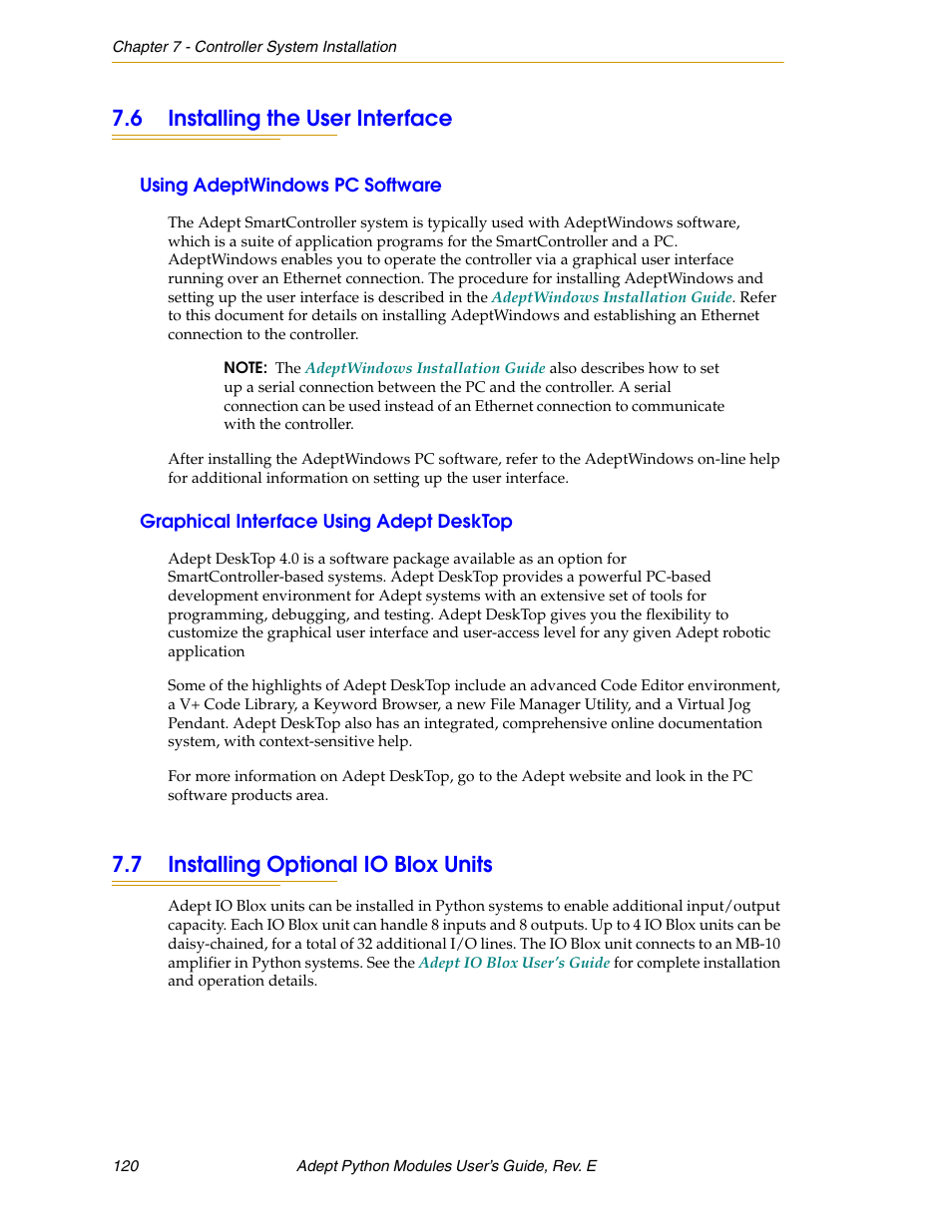 6 installing the user interface, Using adeptwindows pc software, Graphical interface using adept desktop | 7 installing optional io blox units | Adept Python User Manual | Page 120 / 170