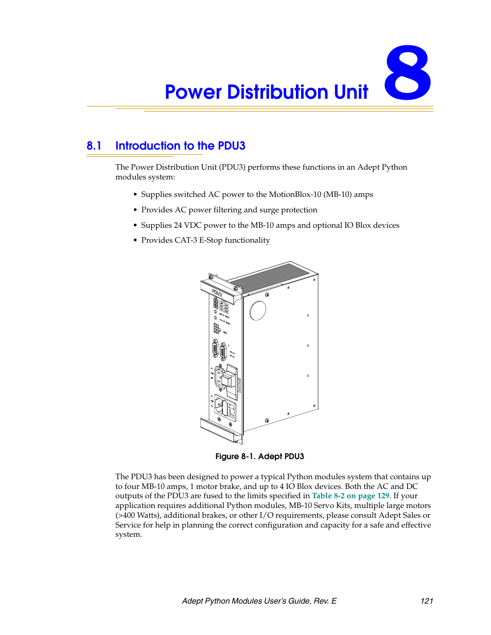 Power distribution unit, 1 introduction to the pdu3, Figure 8-1. adept pdu3 | Adept Python User Manual | Page 121 / 170