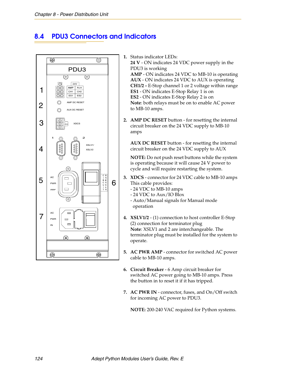 4 pdu3 connectors and indicators, Pdu3 | Adept Python User Manual | Page 124 / 170