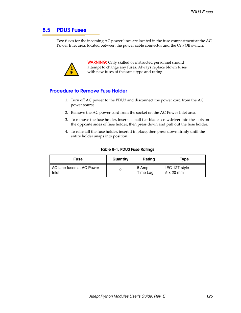 5 pdu3 fuses, Procedure to remove fuse holder | Adept Python User Manual | Page 125 / 170
