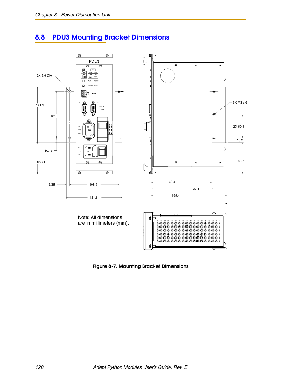 8 pdu3 mounting bracket dimensions, Figure 8-7. mounting bracket dimensions, Of the mounting brackets, see | Adept Python User Manual | Page 128 / 170