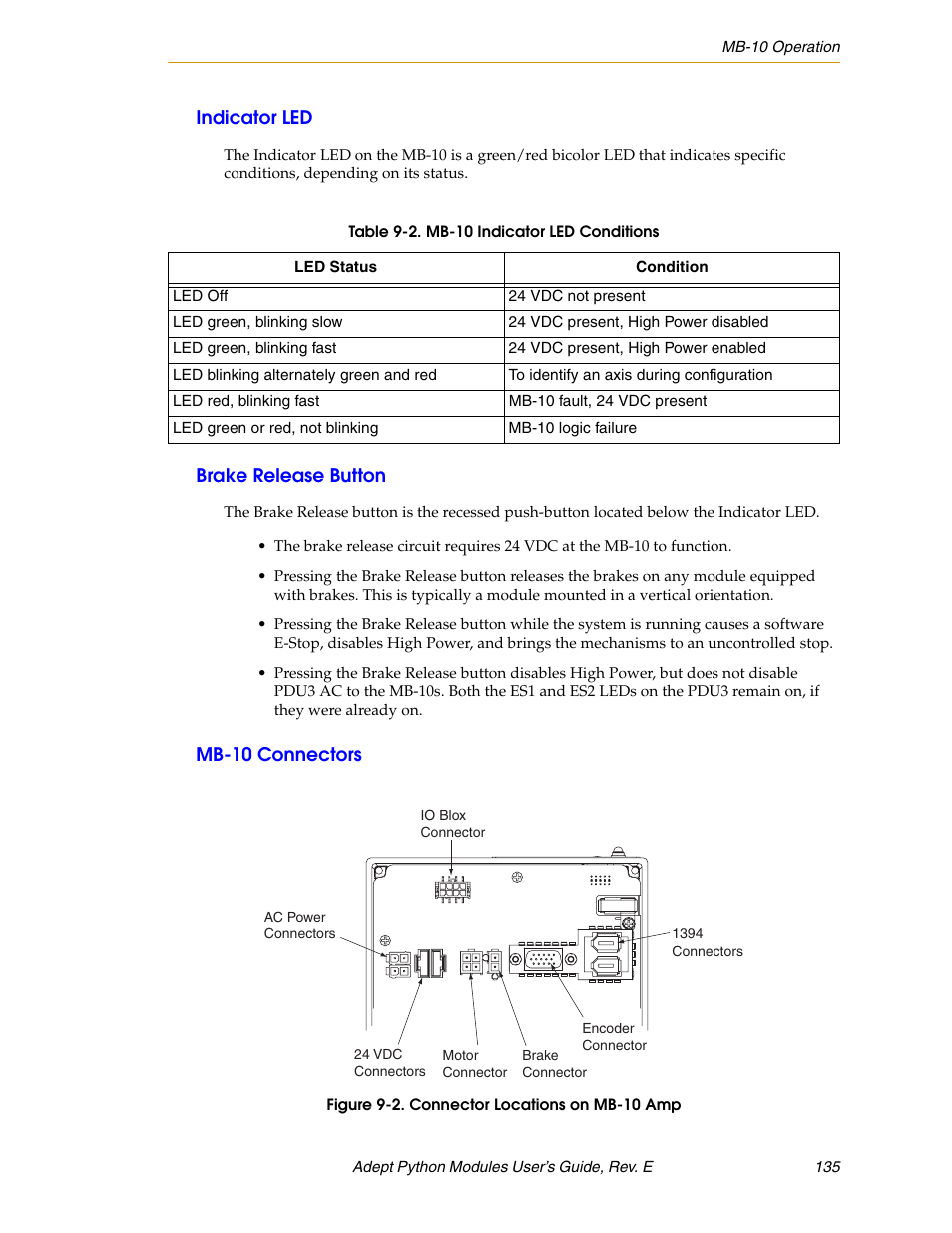 Indicator led, Brake release button, Mb-10 connectors | Figure 9-2. connector locations on mb-10 amp | Adept Python User Manual | Page 135 / 170