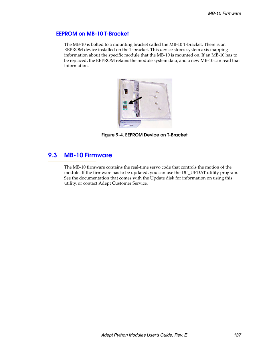 Eeprom on mb-10 t-bracket, 3 mb-10 firmware, Figure 9-4. eeprom device on t-bracket | Adept Python User Manual | Page 137 / 170