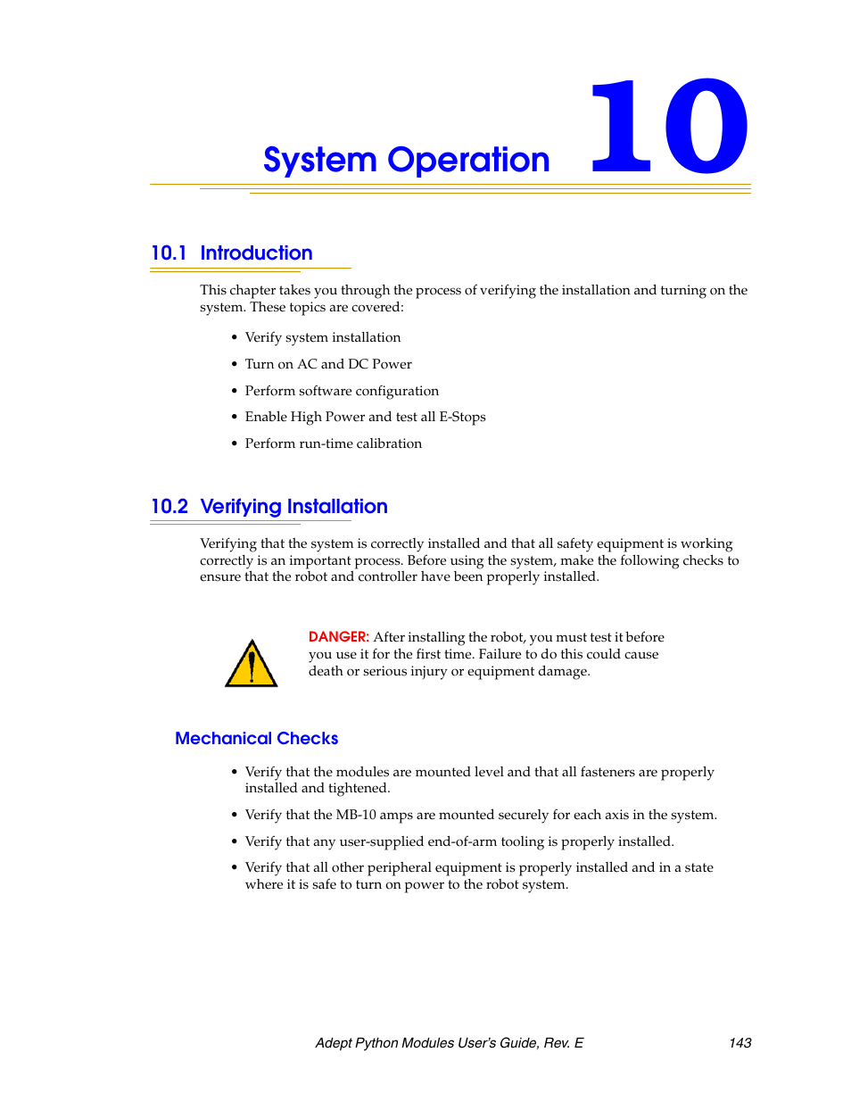 System operation, 1 introduction, 2 verifying installation | Mechanical checks | Adept Python User Manual | Page 143 / 170