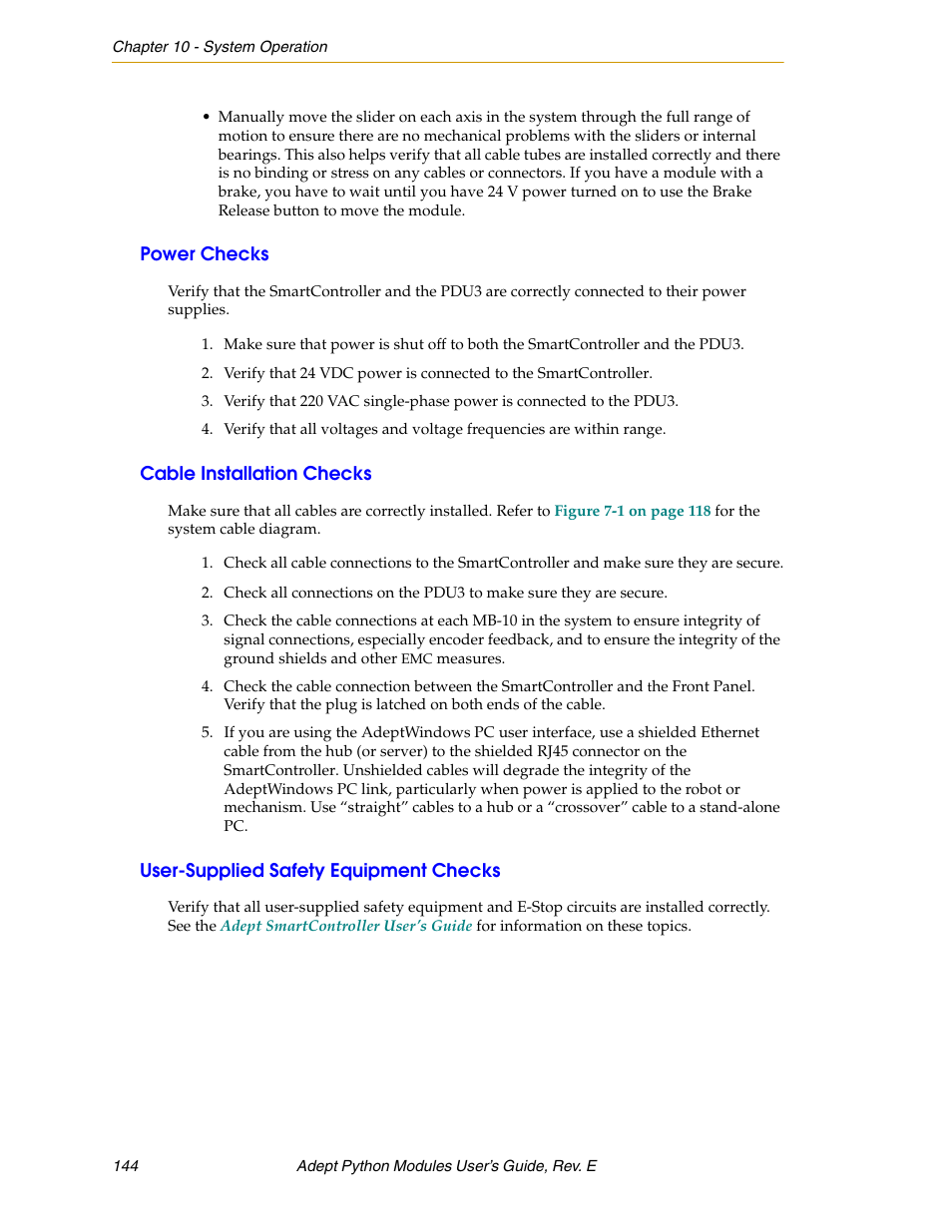 Power checks, Cable installation checks, User-supplied safety equipment checks | Adept Python User Manual | Page 144 / 170