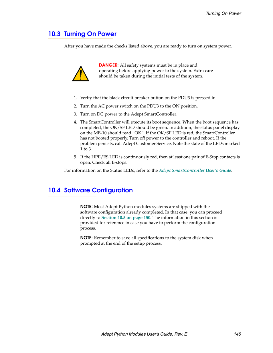 3 turning on power, 4 software configuration | Adept Python User Manual | Page 145 / 170