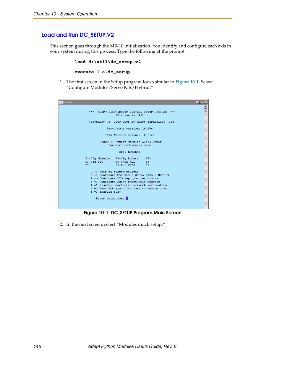 Load and run dc_setup.v2, Figure 10-1. dc_setup program main screen | Adept Python User Manual | Page 146 / 170