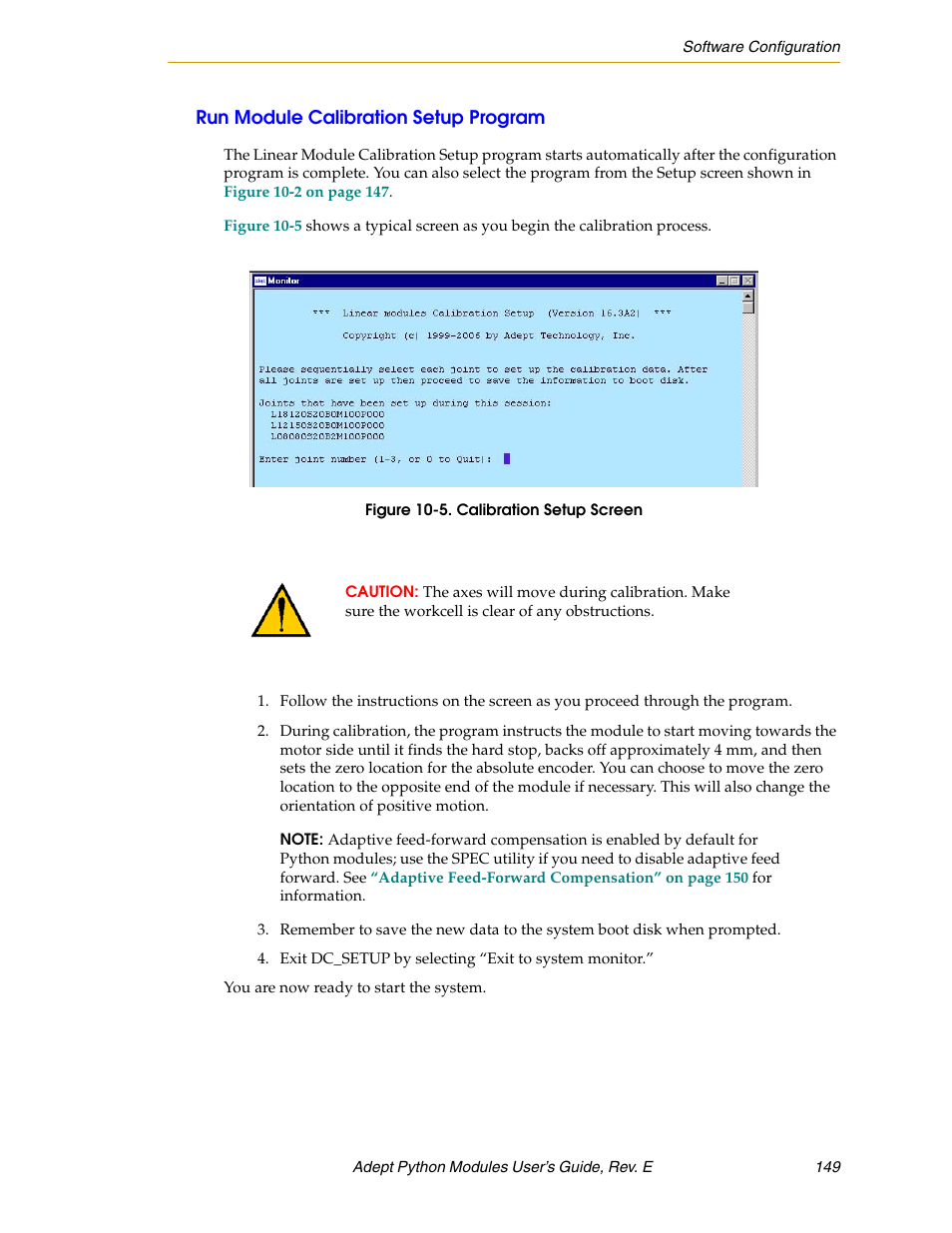 Run module calibration setup program, Figure 10-5. calibration setup screen | Adept Python User Manual | Page 149 / 170