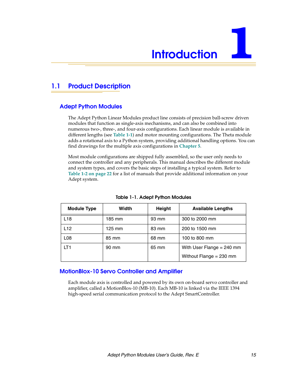Introduction, 1 product description, Adept python modules | Motionblox-10 servo controller and amplifier | Adept Python User Manual | Page 15 / 170