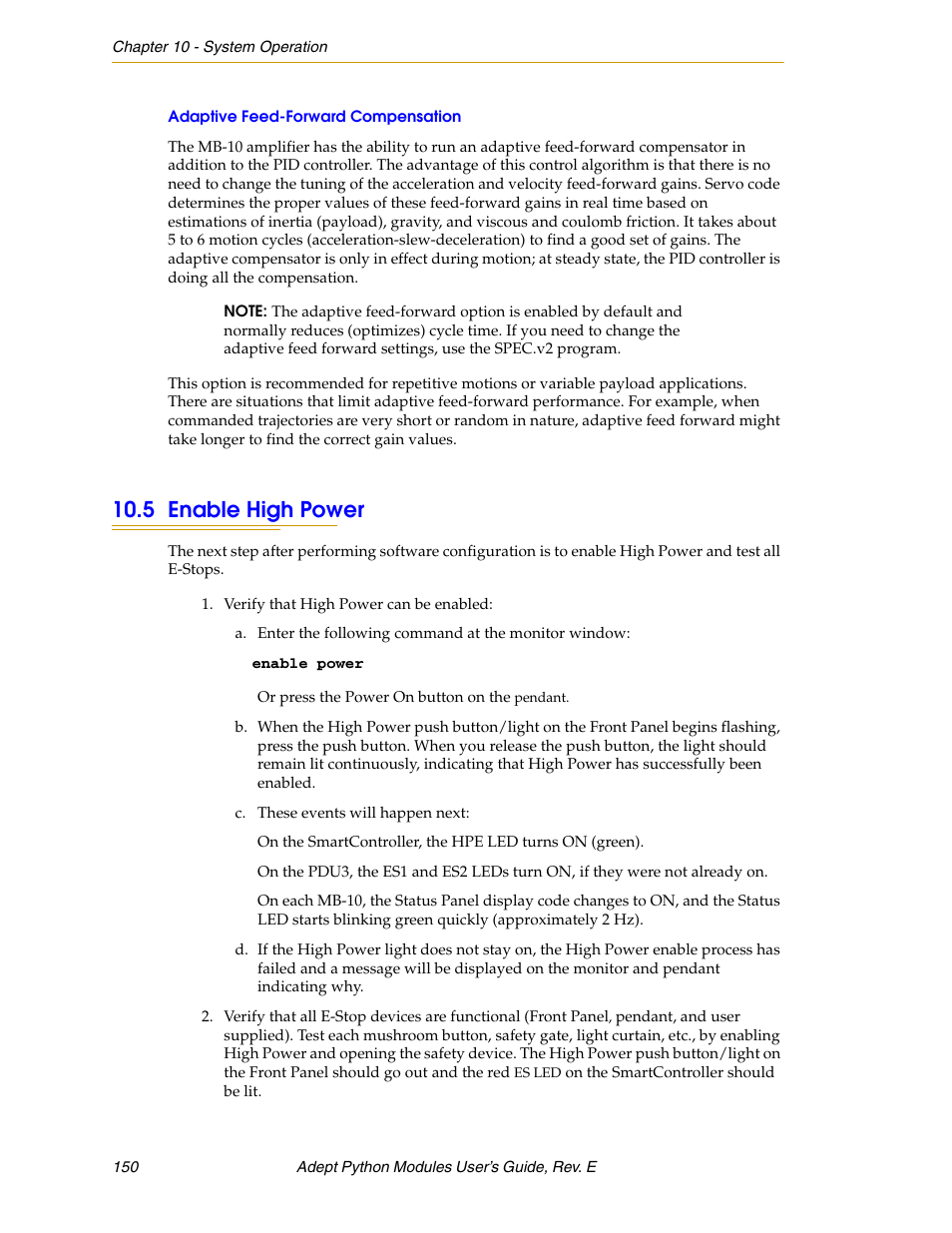 Adaptive feed-forward compensation, 5 enable high power | Adept Python User Manual | Page 150 / 170