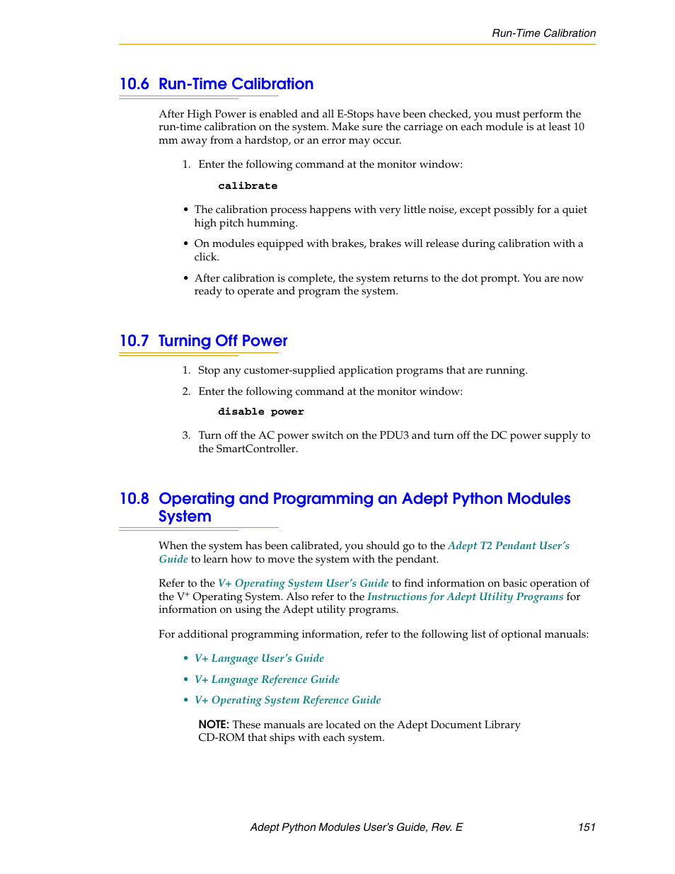 6 run-time calibration, 7 turning off power | Adept Python User Manual | Page 151 / 170