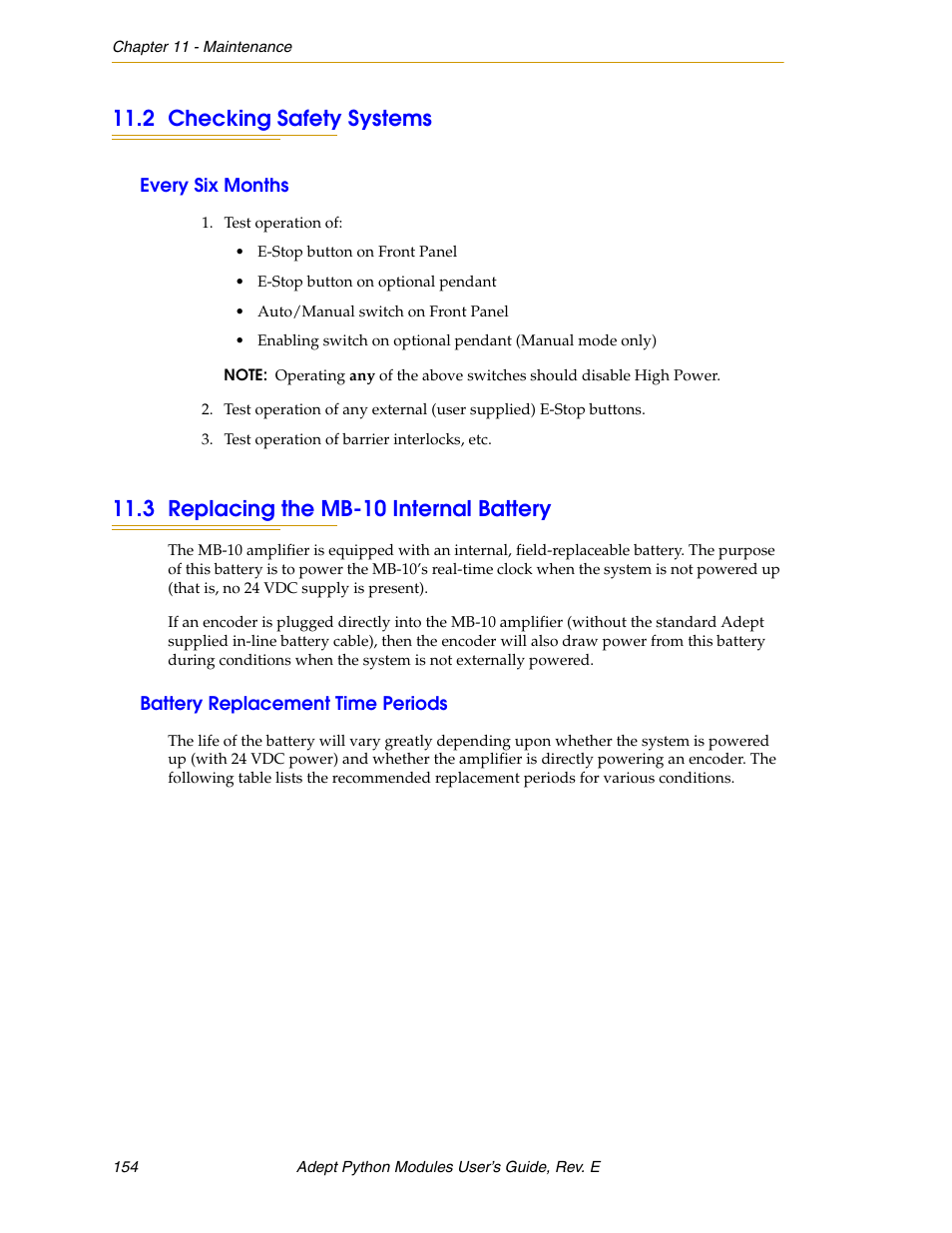 2 checking safety systems, Every six months, 3 replacing the mb-10 internal battery | Battery replacement time periods, Section 11.2, Section 11.3 | Adept Python User Manual | Page 154 / 170