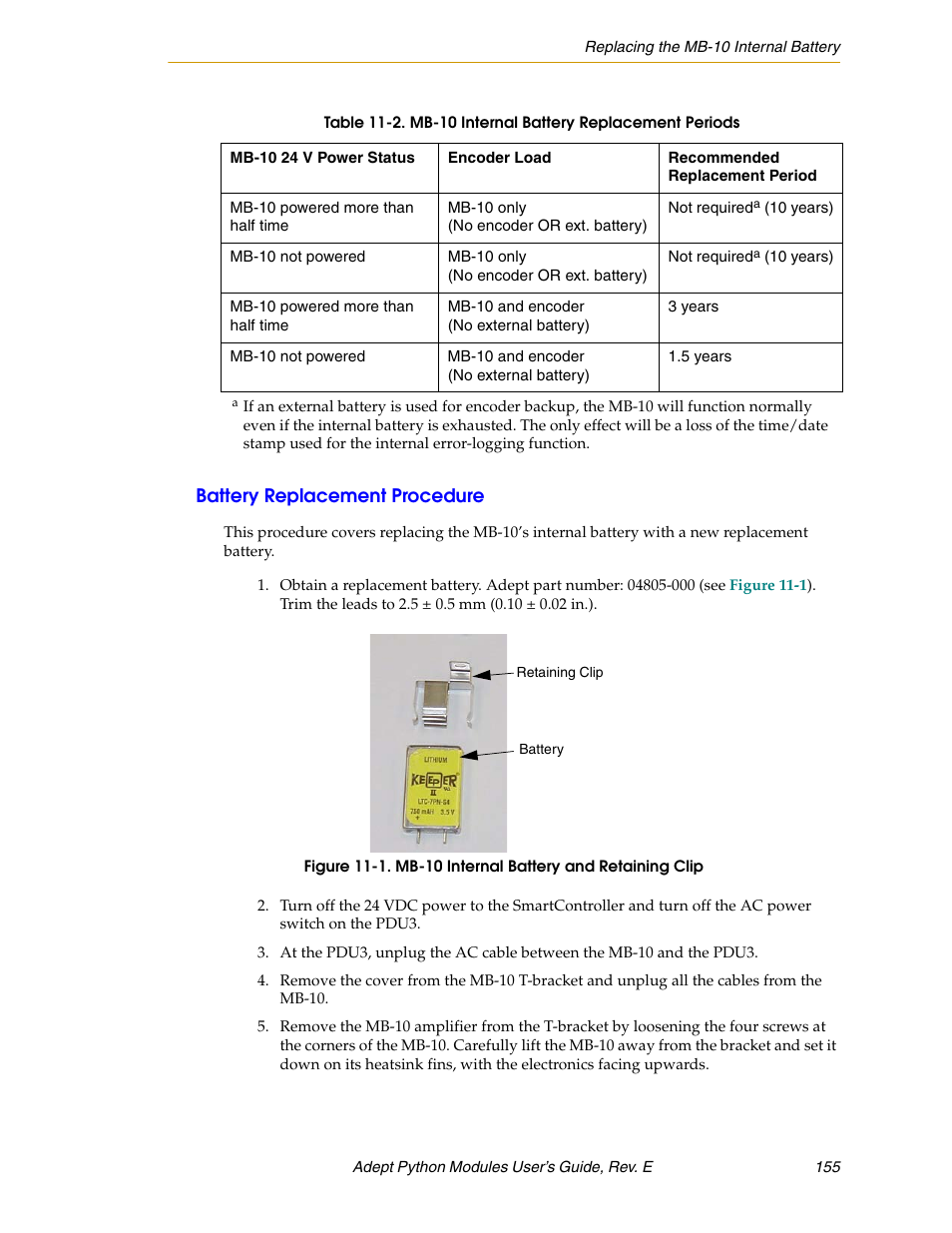 Battery replacement procedure | Adept Python User Manual | Page 155 / 170