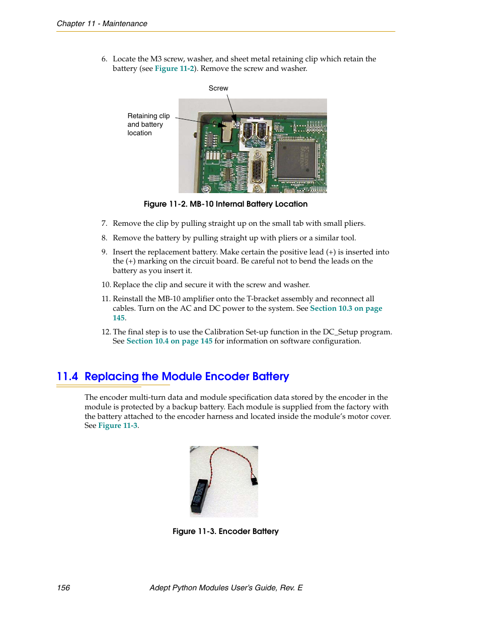 4 replacing the module encoder battery, Figure 11-2. mb-10 internal battery location, Figure 11-3. encoder battery | Section 11.4 | Adept Python User Manual | Page 156 / 170