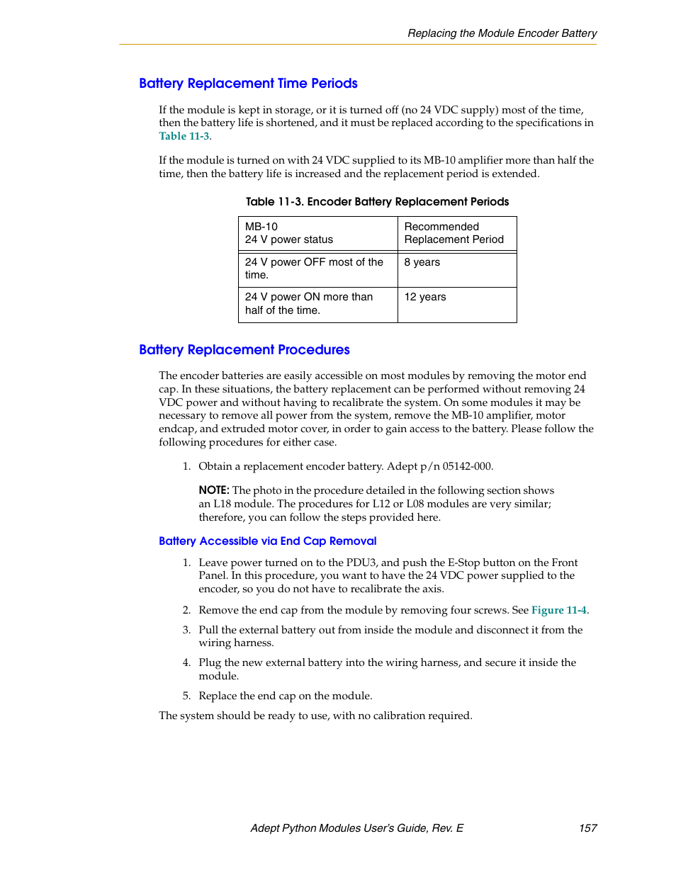Battery replacement time periods, Battery replacement procedures, Battery accessible via end cap removal | Adept Python User Manual | Page 157 / 170