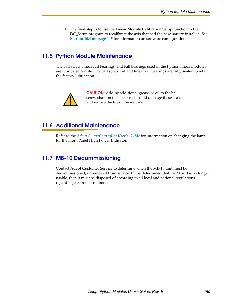 5 python module maintenance, 6 additional maintenance, 7 mb-10 decommissioning | Adept Python User Manual | Page 159 / 170