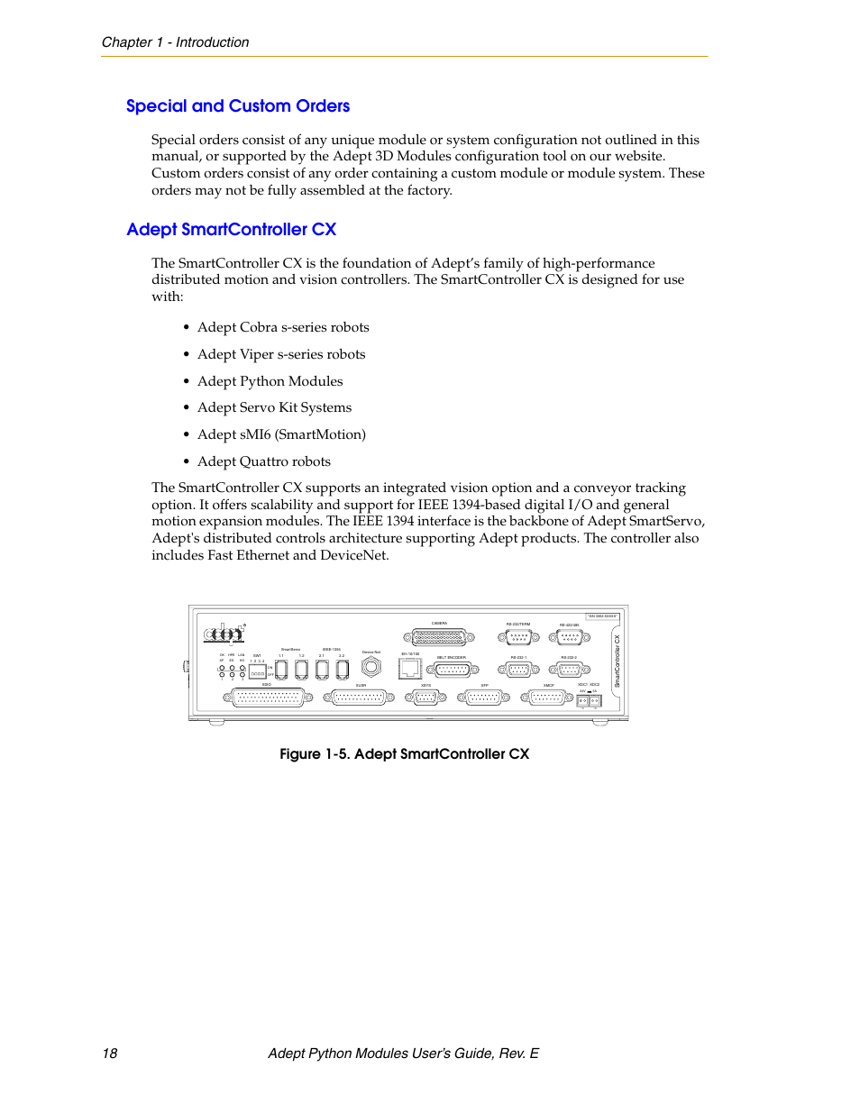 Special and custom orders, Adept smartcontroller cx, Figure 1-5. adept smartcontroller cx | Adept Python User Manual | Page 18 / 170