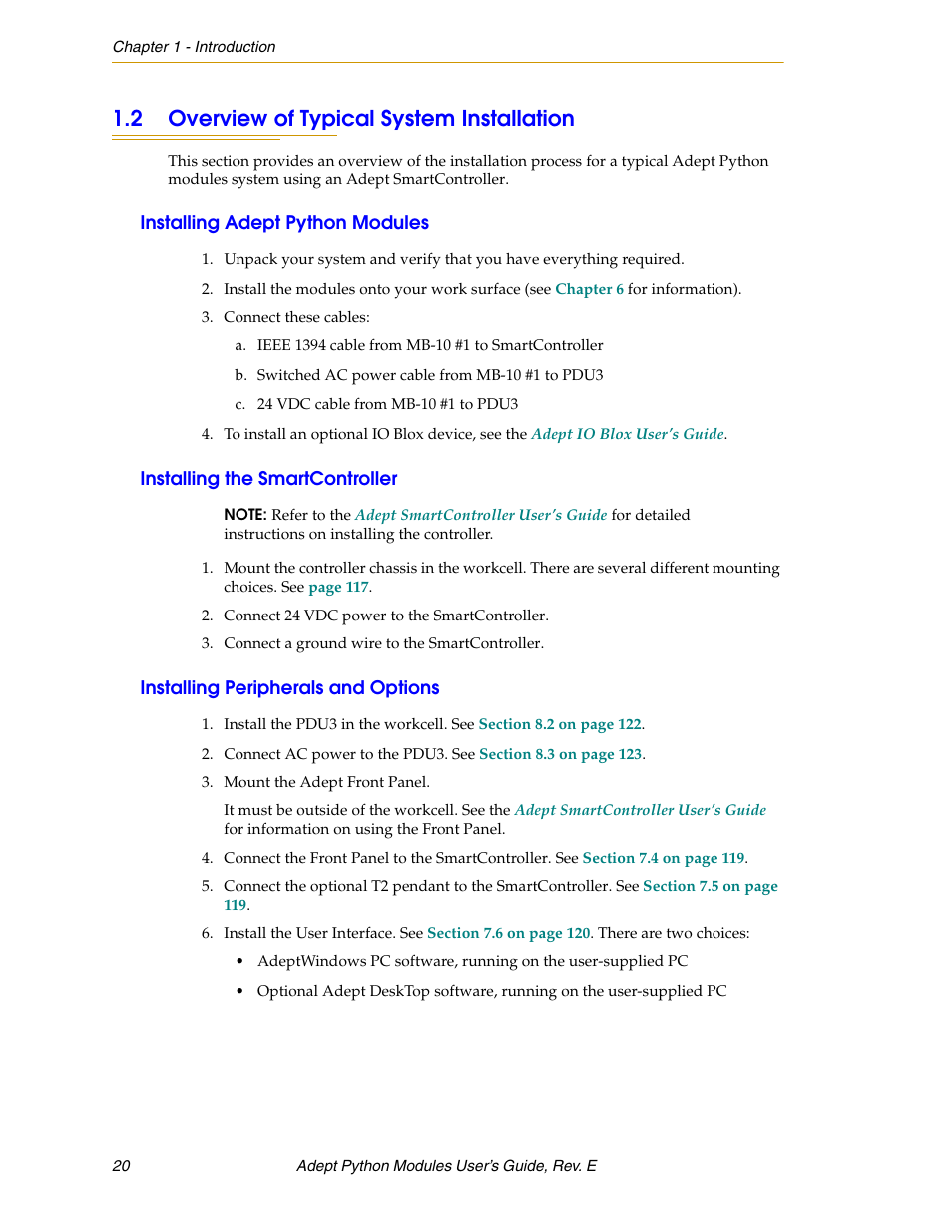 2 overview of typical system installation, Installing adept python modules, Installing the smartcontroller | Installing peripherals and options | Adept Python User Manual | Page 20 / 170