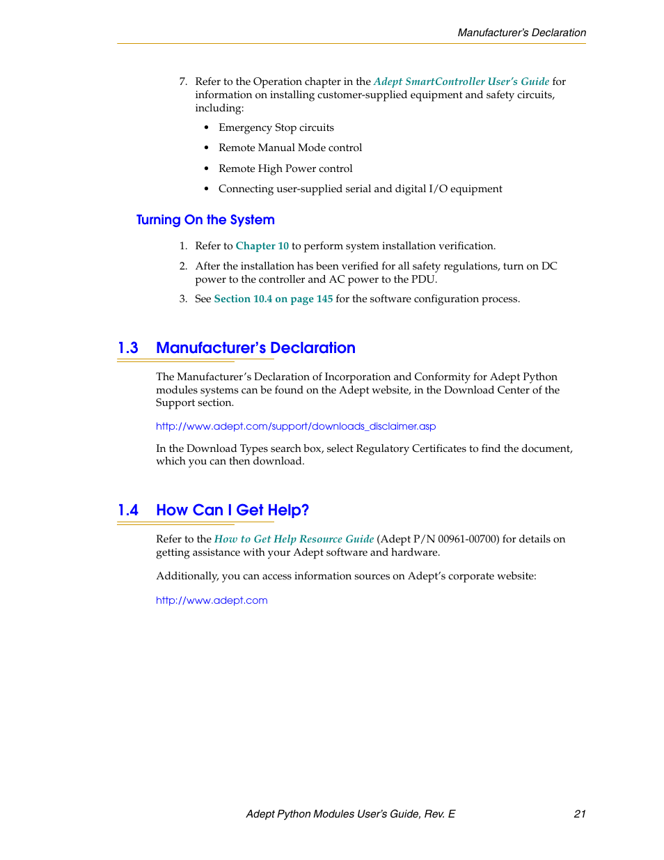 Turning on the system, 3 manufacturer’s declaration, 4 how can i get help | Adept Python User Manual | Page 21 / 170