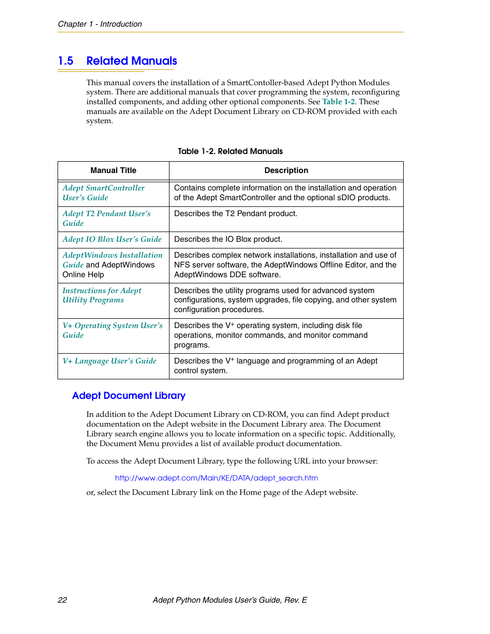 5 related manuals, Adept document library | Adept Python User Manual | Page 22 / 170