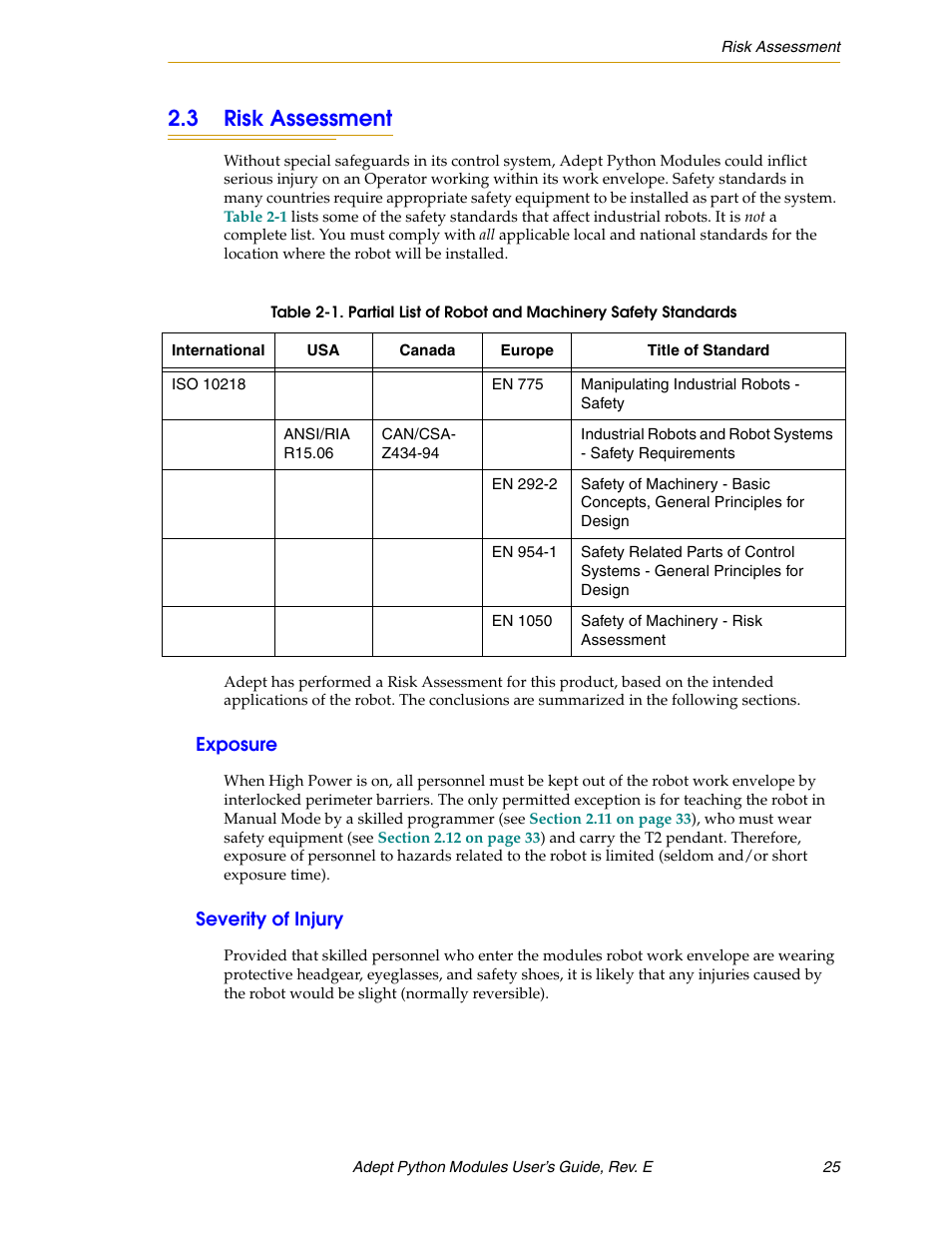 3 risk assessment, Exposure, Severity of injury | Adept Python User Manual | Page 25 / 170
