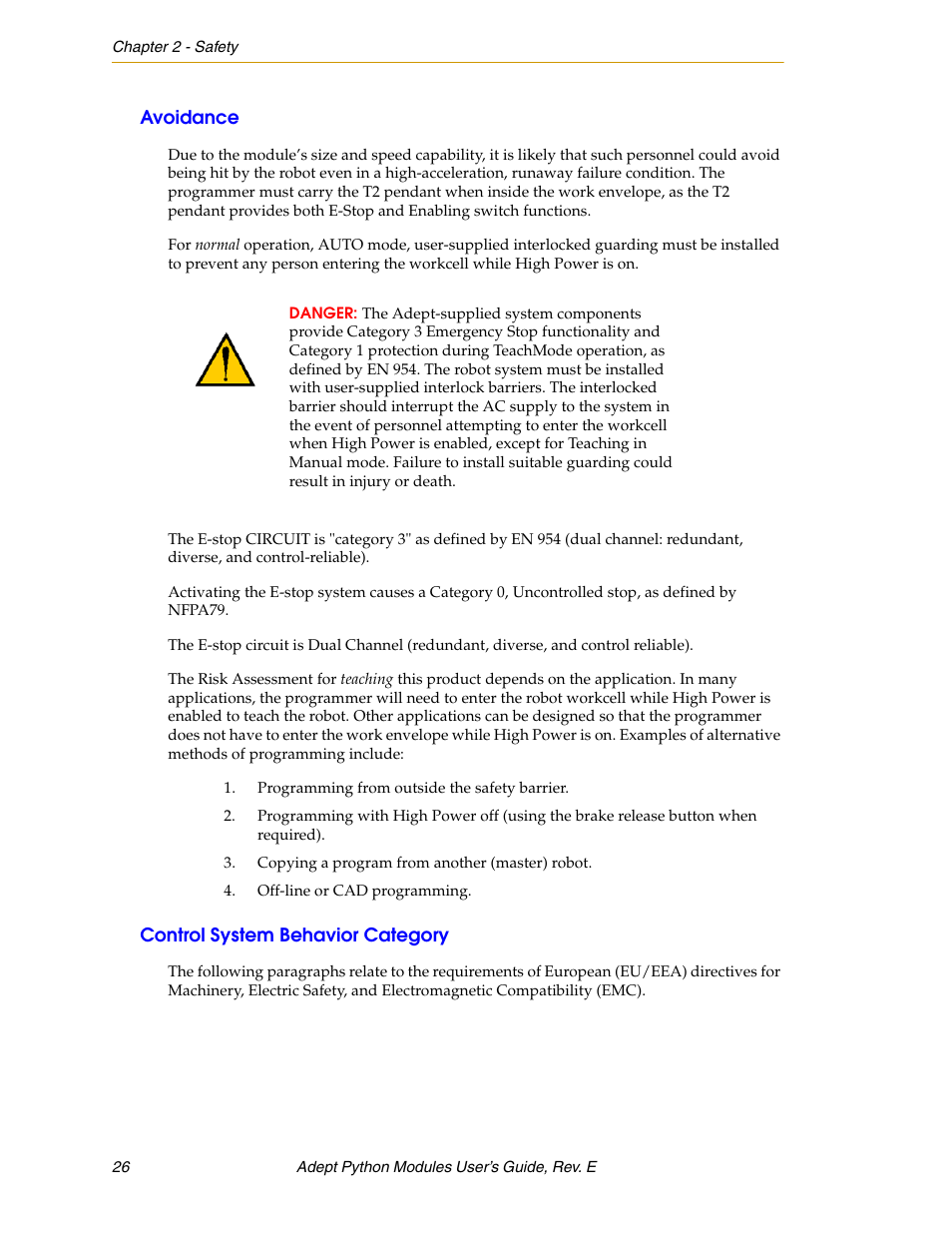 Avoidance, Control system behavior category | Adept Python User Manual | Page 26 / 170