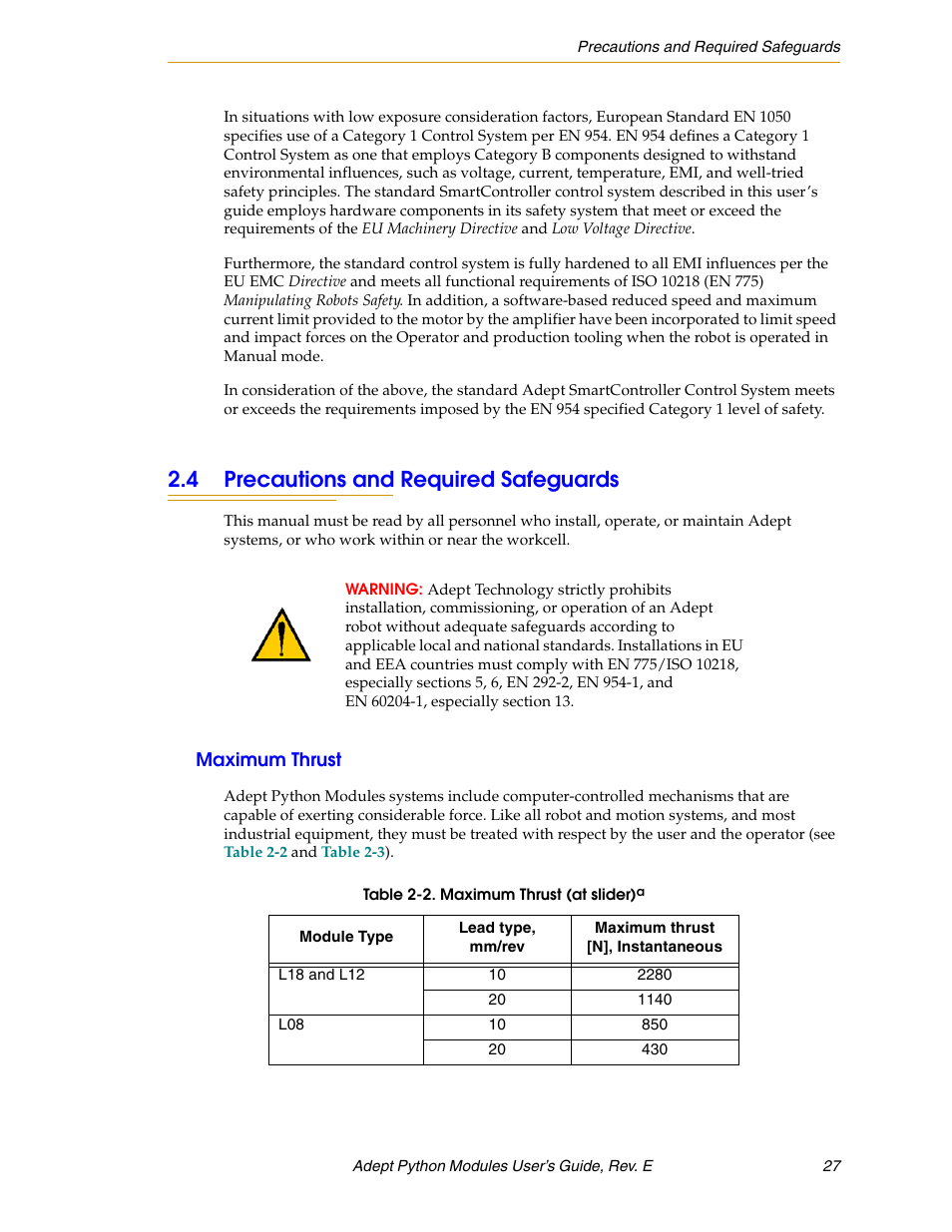 4 precautions and required safeguards, Maximum thrust | Adept Python User Manual | Page 27 / 170