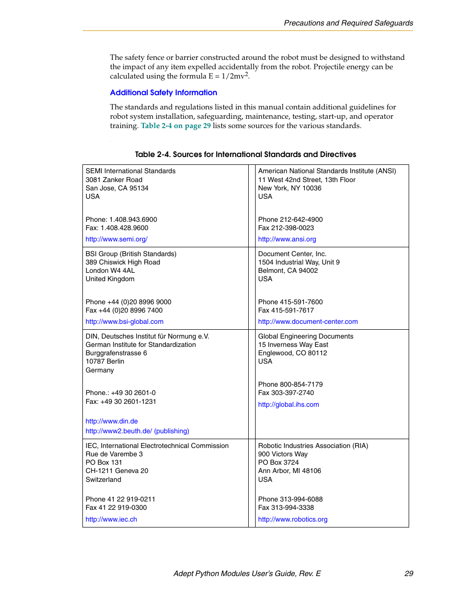 Additional safety information | Adept Python User Manual | Page 29 / 170