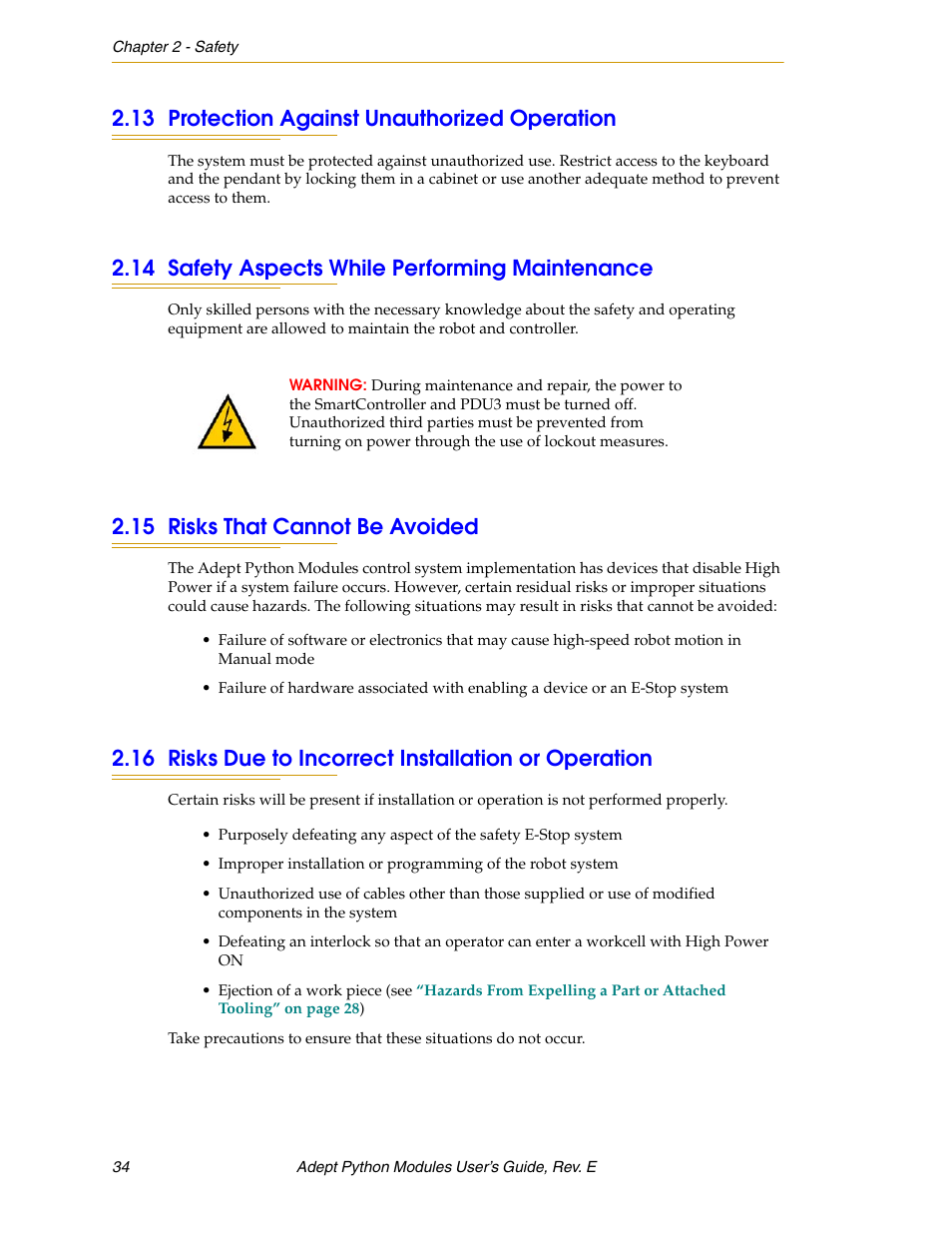 13 protection against unauthorized operation, 14 safety aspects while performing maintenance, 15 risks that cannot be avoided | Adept Python User Manual | Page 34 / 170