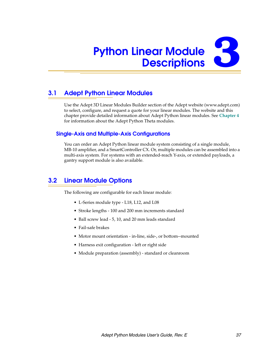 Python linear module descriptions, 1 adept python linear modules, Single-axis and multiple-axis configurations | 2 linear module options | Adept Python User Manual | Page 37 / 170