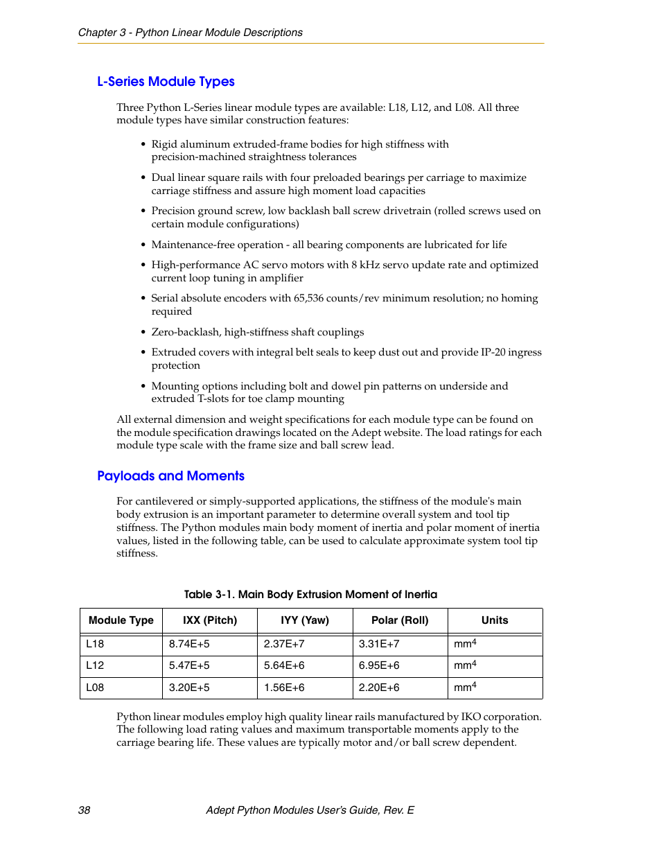 L-series module types, Payloads and moments | Adept Python User Manual | Page 38 / 170