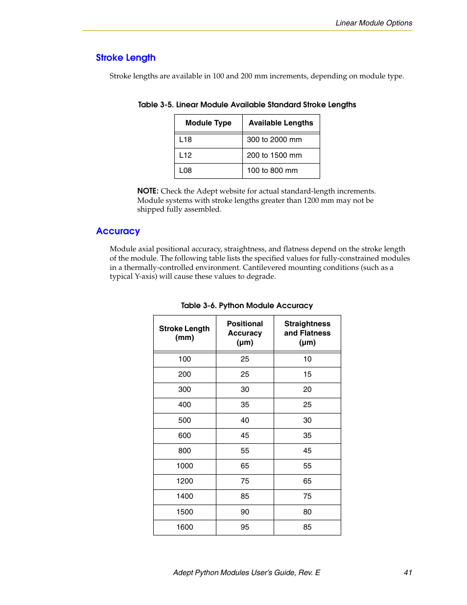 Stroke length, Accuracy | Adept Python User Manual | Page 41 / 170