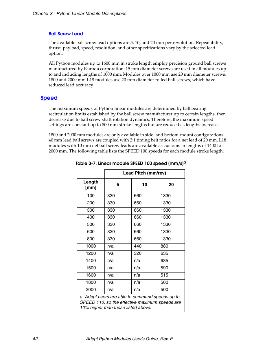 Ball screw lead, Speed | Adept Python User Manual | Page 42 / 170