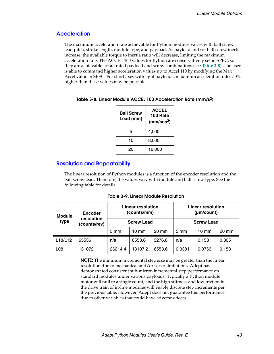 Acceleration, Resolution and repeatability | Adept Python User Manual | Page 43 / 170