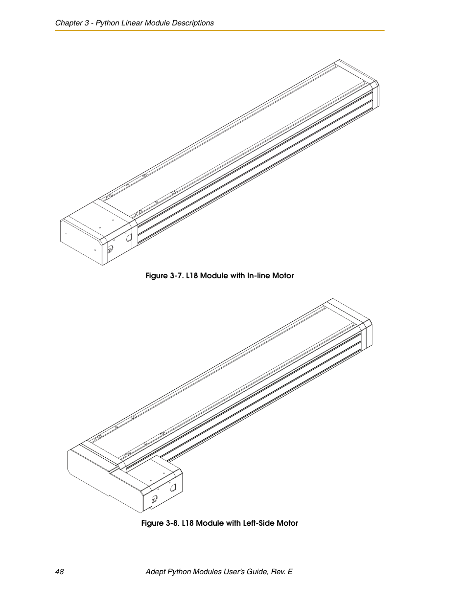 Figure 3-7. l18 module with in-line motor, Figure 3-8. l18 module with left-side motor | Adept Python User Manual | Page 48 / 170