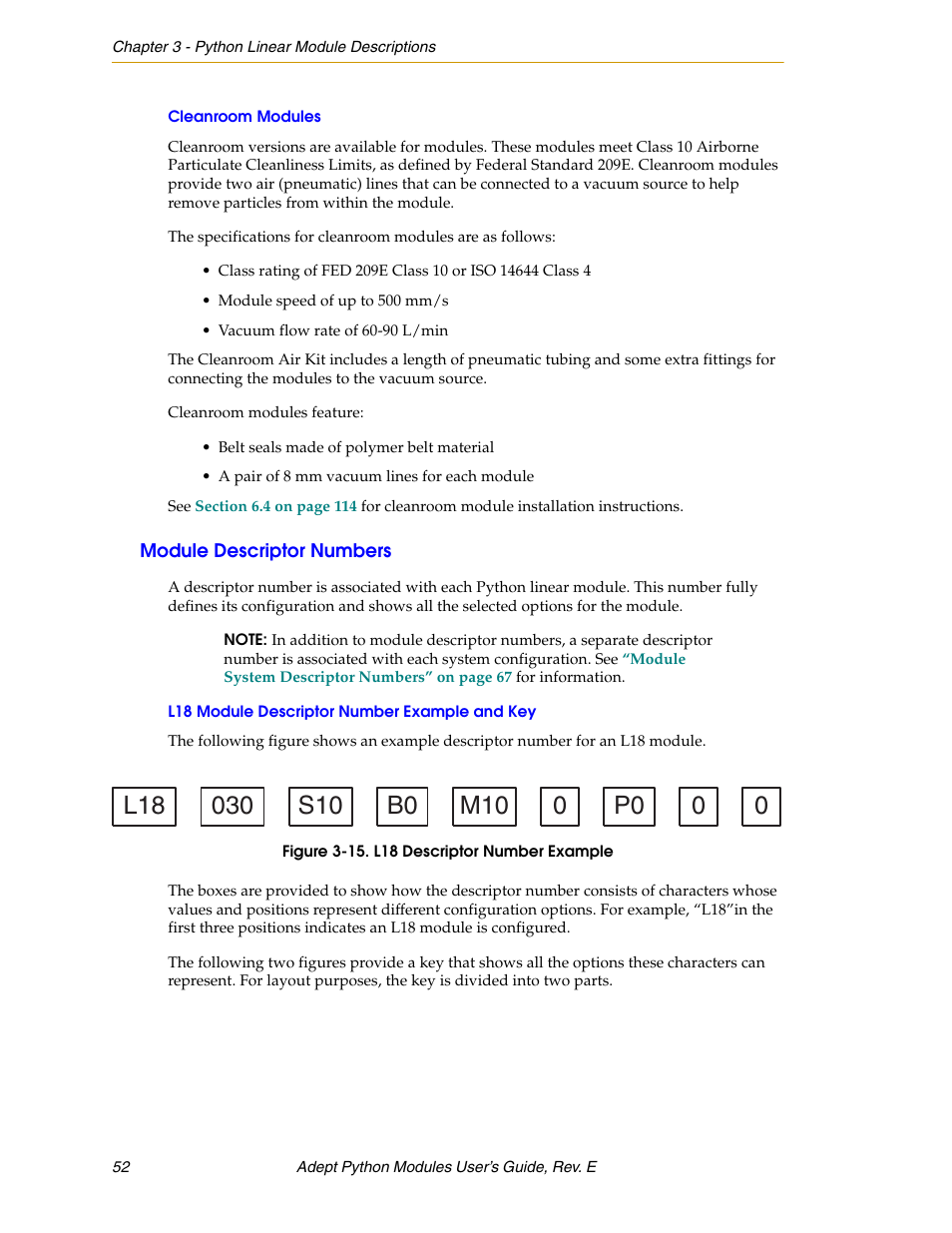 Cleanroom modules, Module descriptor numbers, L18 module descriptor number example and key | Figure 3-15. l18 descriptor number example | Adept Python User Manual | Page 52 / 170