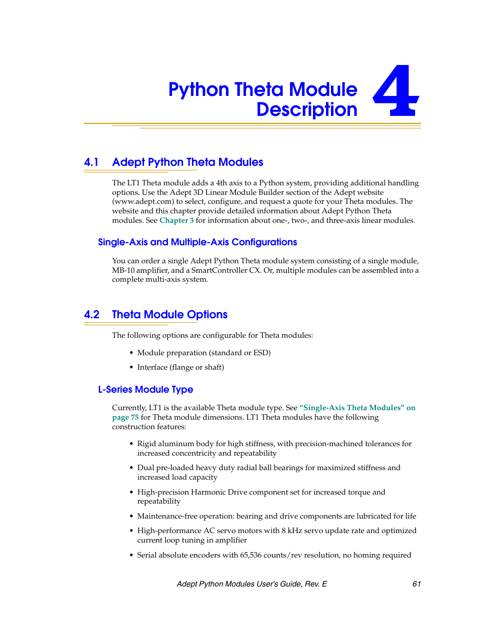 Python theta module description, 1 adept python theta modules, Single-axis and multiple-axis configurations | 2 theta module options, L-series module type | Adept Python User Manual | Page 61 / 170