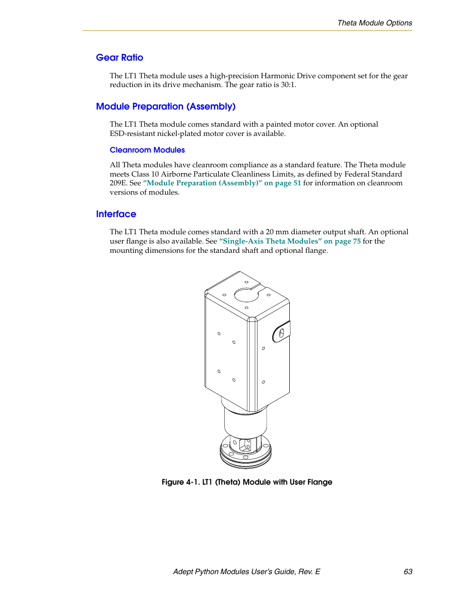Gear ratio, Module preparation (assembly), Cleanroom modules | Interface, Figure 4-1. lt1 (theta) module with user flange | Adept Python User Manual | Page 63 / 170