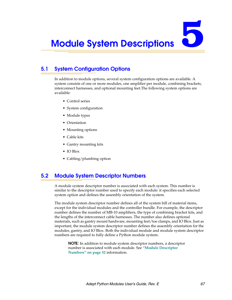Module system descriptions, 1 system configuration options, 2 module system descriptor numbers | Chapter 5, Module | Adept Python User Manual | Page 67 / 170