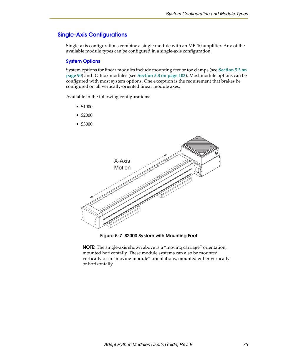 Single-axis configurations, System options, Figure 5-7. s2000 system with mounting feet | Adept Python User Manual | Page 73 / 170