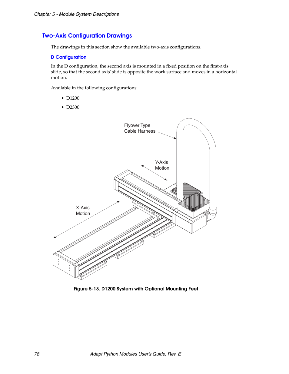 Two-axis configuration drawings, D configuration | Adept Python User Manual | Page 78 / 170
